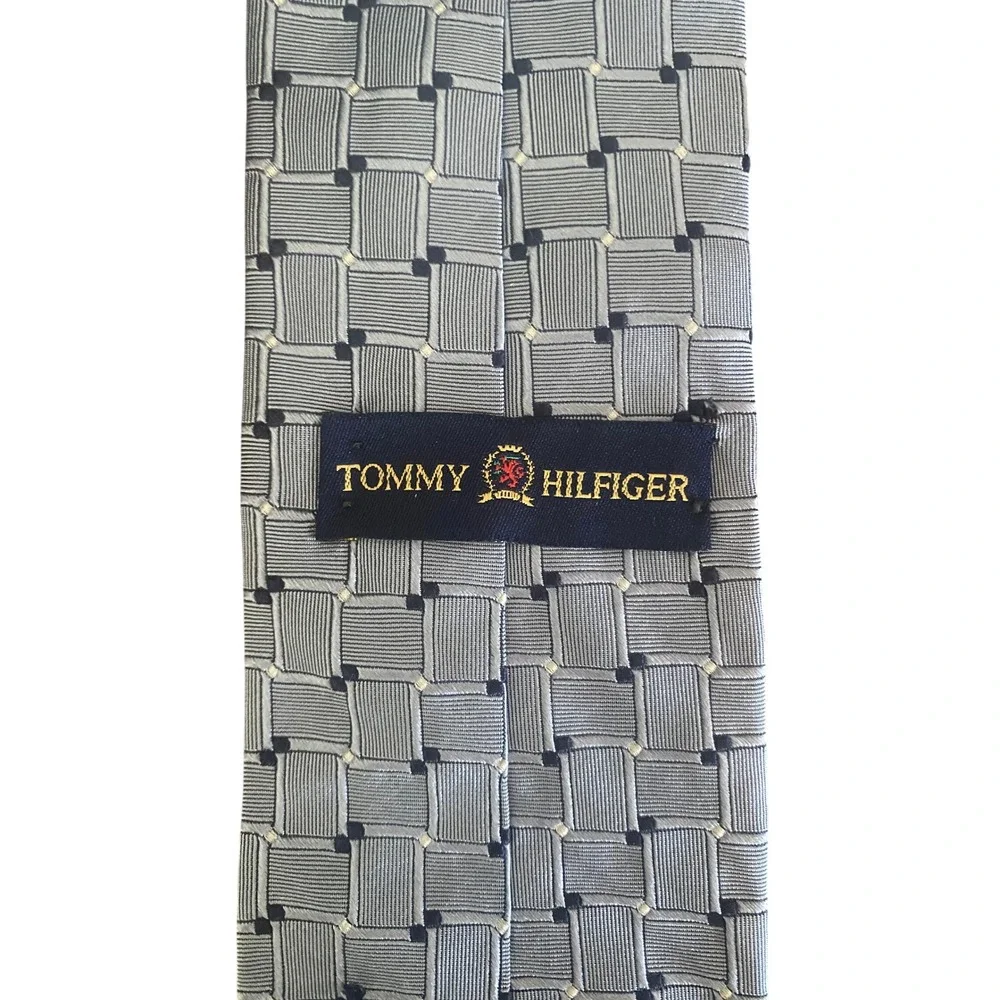 Tommy Hilfiger Mens Silk Necktie Blue Geometric‎ Basketweave Woven Made in USA